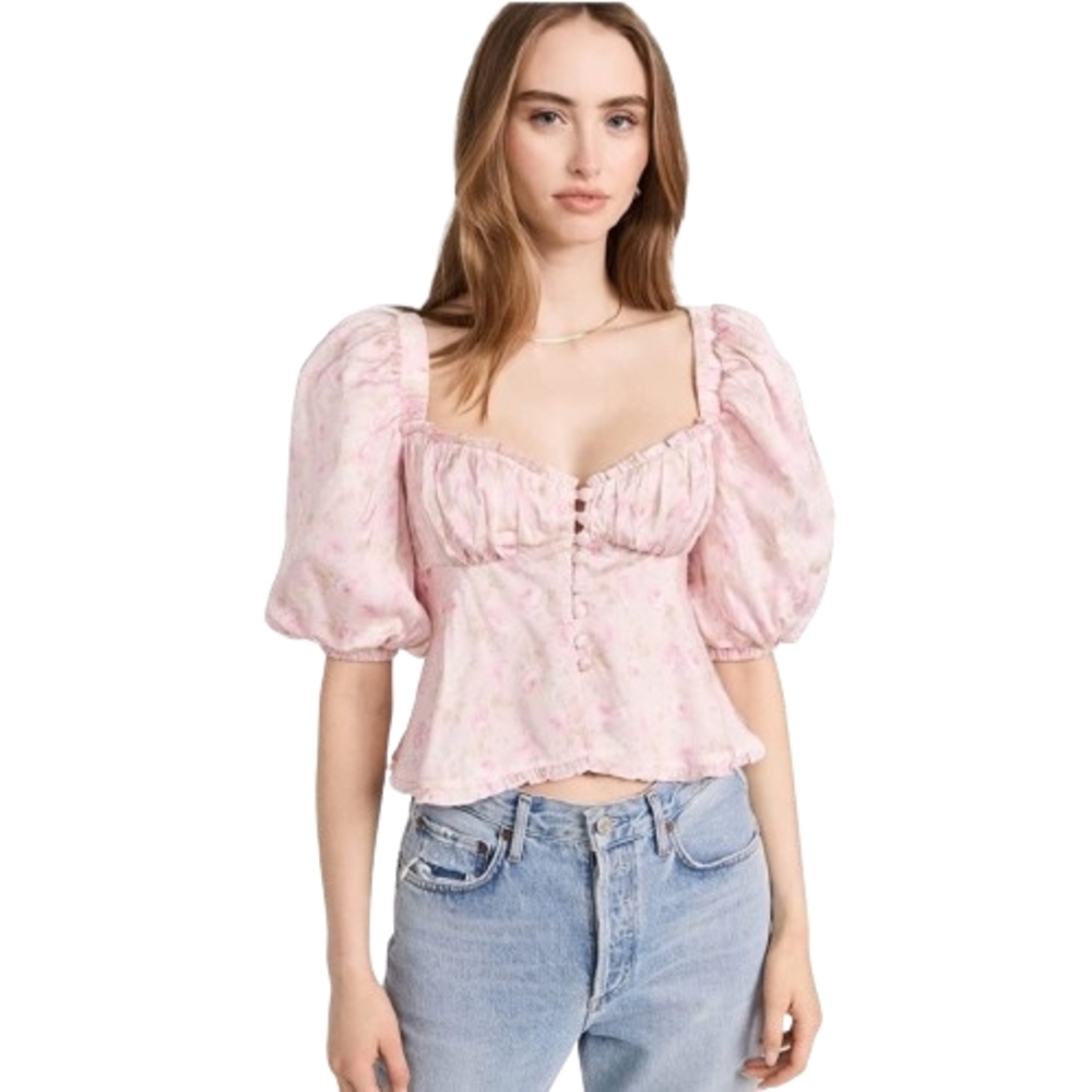 For Love And Lemons Floral Pink Puff Sleeve Women Top Size XS